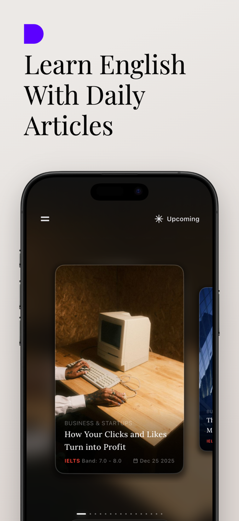 Onely: Advanced Vocab Builder - Smartphone screen of Onely app featuring a daily article for advanced English vocabulary learning
