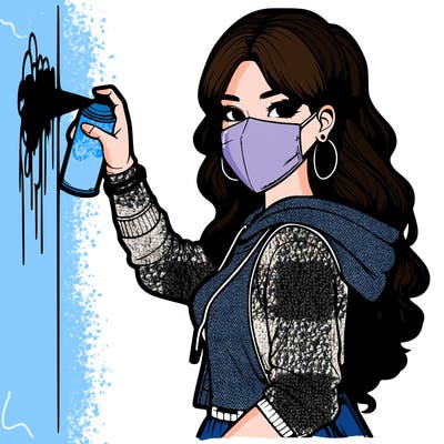 realistic girl with mask spray painting a wall