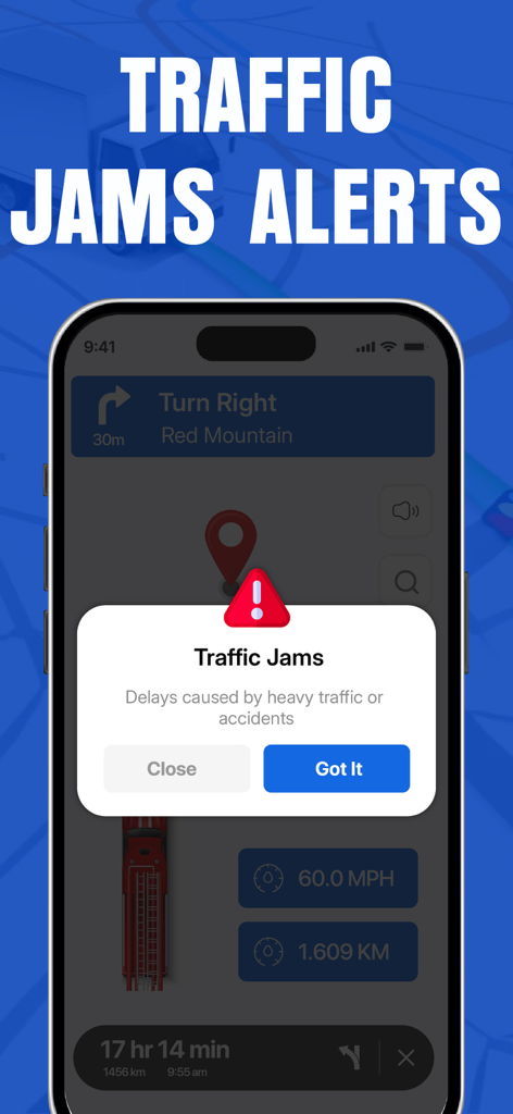 Real-time traffic jam alert notification on the Truck Maps GPS app for truck drivers.