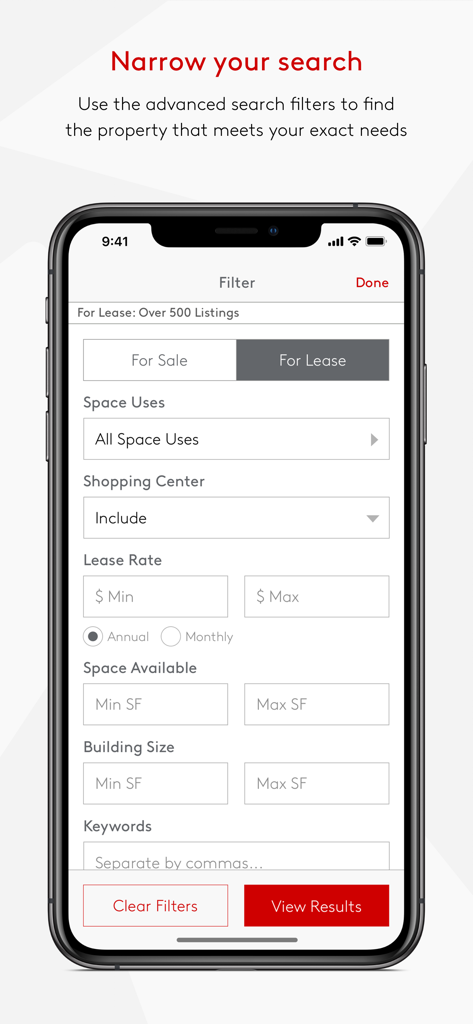 LoopNet Real Estate - Écran de filtre de recherche avancée dans l'application LoopNet pour filtrer les annonces immobilières commerciales par type d'espace et taux de location.