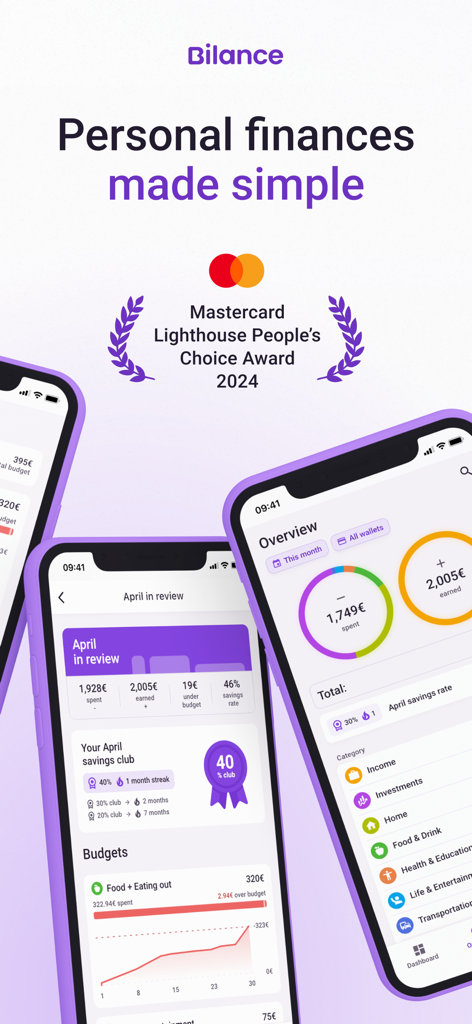 Bilance - Your Money & Budget - Bilance mobile app dashboard showing financial overview, monthly savings rate and budget tracking screens.