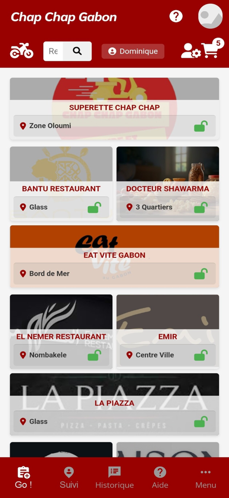Chap Chap Gabon - Lista de restaurantes y tiendas disponibles para entrega en la aplicación Chap Chap Gabon