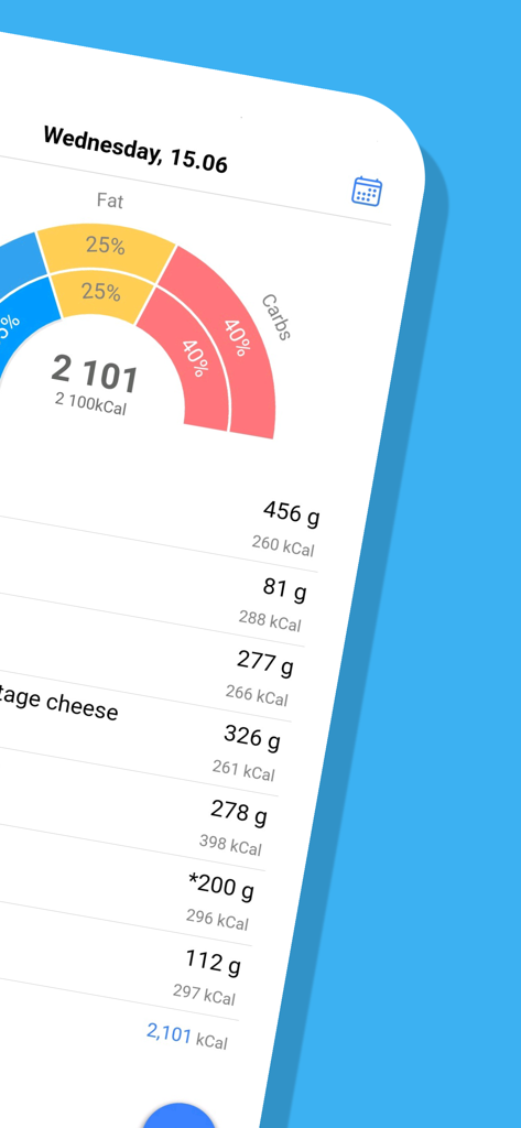 EatFit | Calorie counter - Interface de l'application EatFit montrant un graphique de répartition des macros et un plan de repas quotidien détaillé avec les poids en grammes.