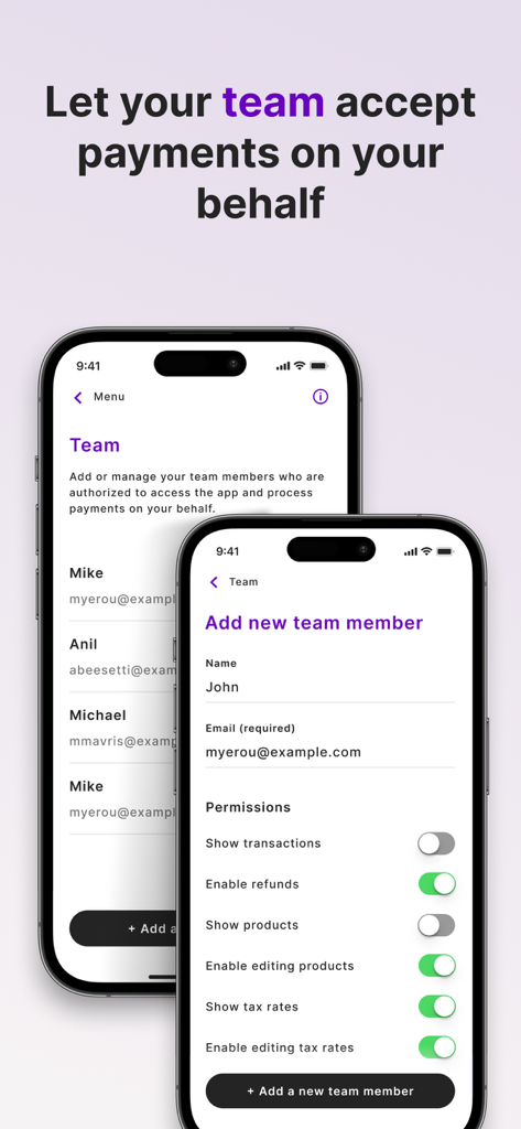 Tap to Pay with Stripe - Paid - Interface for adding team members and setting custom permissions in the Tap to Pay with Stripe app
