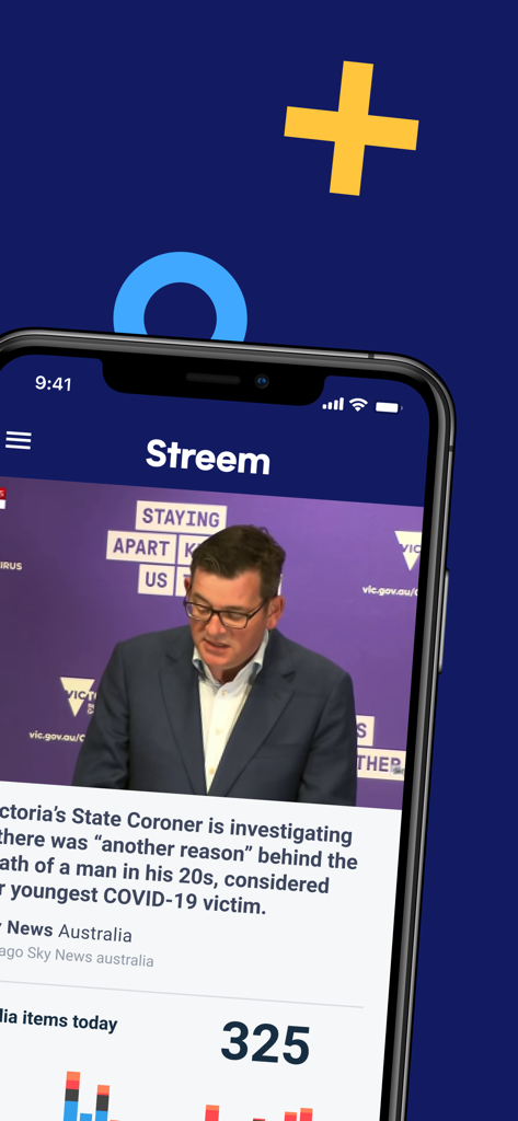 Streem - iPhone screenshot of the Streem app interface showing a news report from Sky News Australia and a media items analytics dashboard