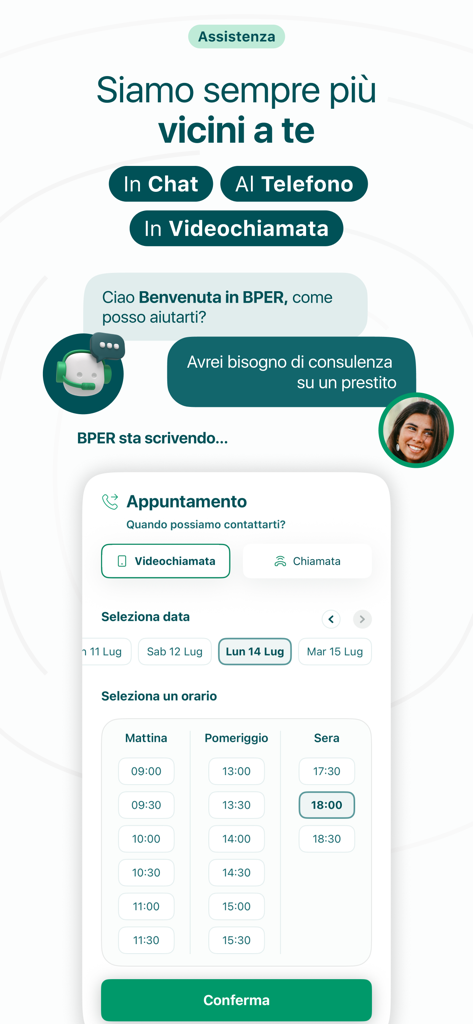 BPER mobile banking app screen showing chat support and video call appointment booking interface