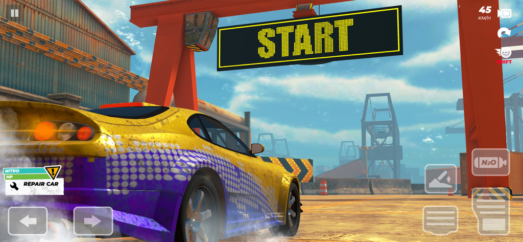 Demolition Derby - CrashOut - A customized sports car at the start line of an industrial racing track in Demolition Derby CrashOut.