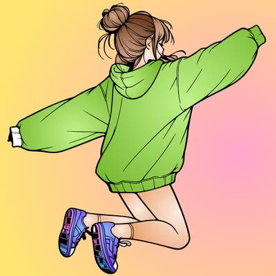 realistic girl jumping with a bun and oversized sweatshirt