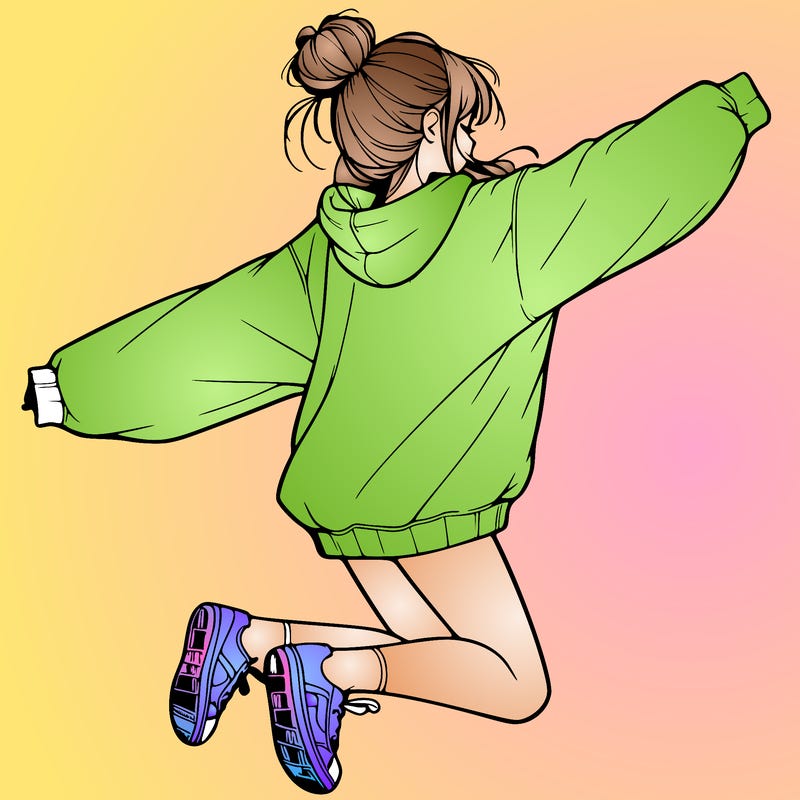 realistic girl jumping with a bun and oversized sweatshirt