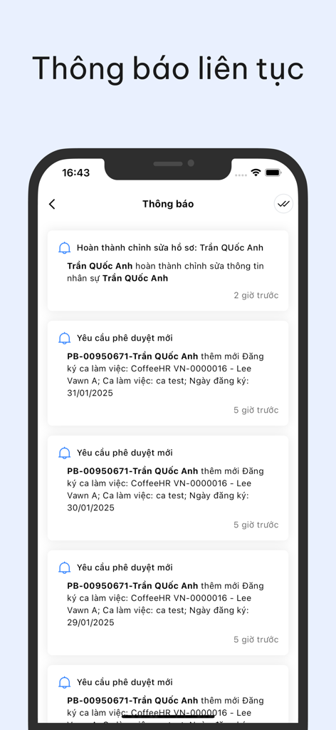 Humax - Centre de notification mobile dans l'application HumaxHR affichant les mises à jour du profil de l'employé et les demandes d'approbation de quart de travail