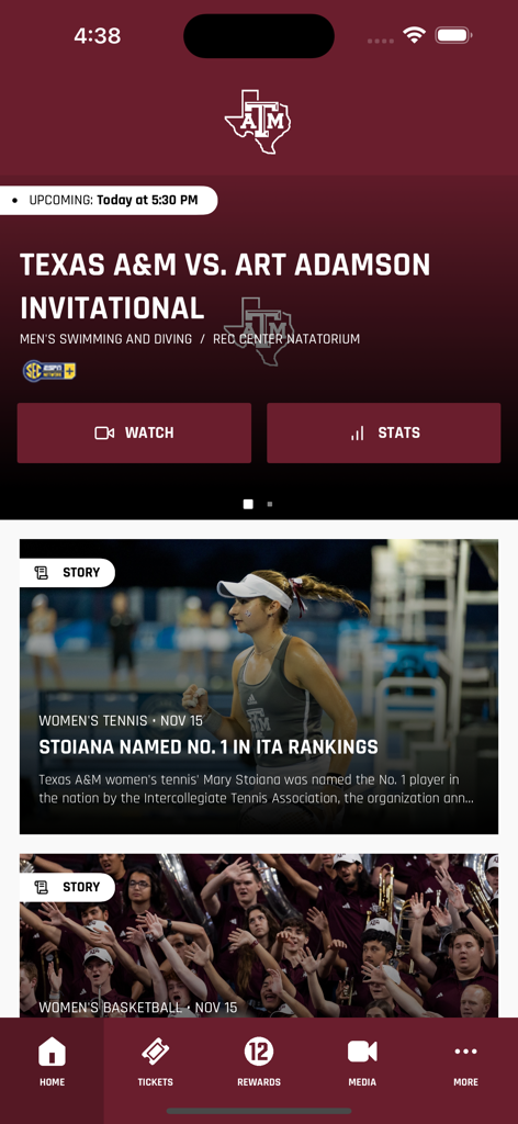 12th Man Mobile home screen showing Texas AM sports news and upcoming events