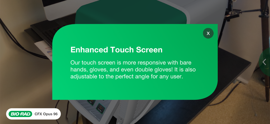 Bio-Rad AR - Augmented reality visualization of the Bio-Rad CFX Opus 96 highlighting its enhanced touch screen features.
