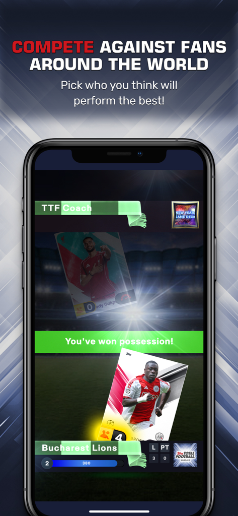 Topps Total Football® - A mobile gameplay screen showing a strategic football card battle where a player wins possession.