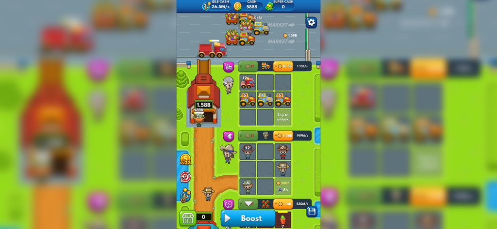 Idle Farm Tycoon - Merge Game - Idle Farm Tycoon gameplay interface showing merge grids for vehicles and farm workers to increase productivity