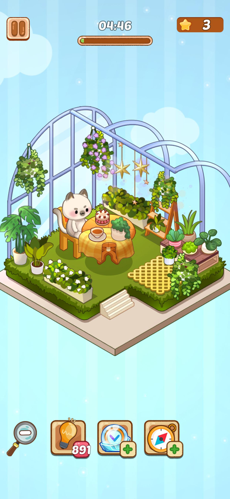 Cat Room Decor - A cute cat sitting at a table in a decorated greenhouse garden room filled with plants and flowers.