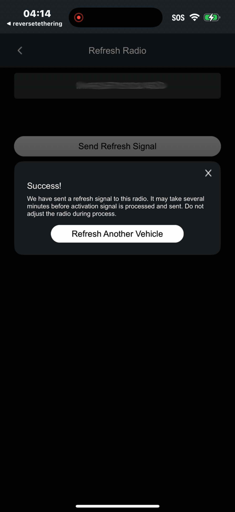 Success confirmation screen for sending a radio refresh signal in the SiriusXM Dealer app.