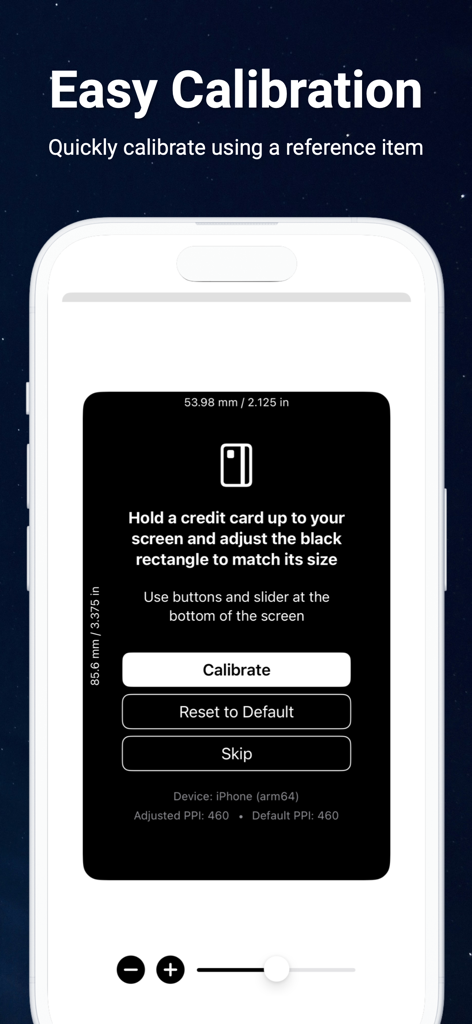 Penlight. - Pantalla de la aplicación Penlight que muestra cómo calibrar la regla digital utilizando una tarjeta de crédito como referencia