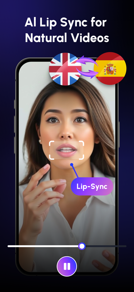 Dub AI – Video Translator App - Interface do aplicativo Dub AI mostrando o recurso de sincronização labial de IA para tradução natural de vídeo entre idiomas.