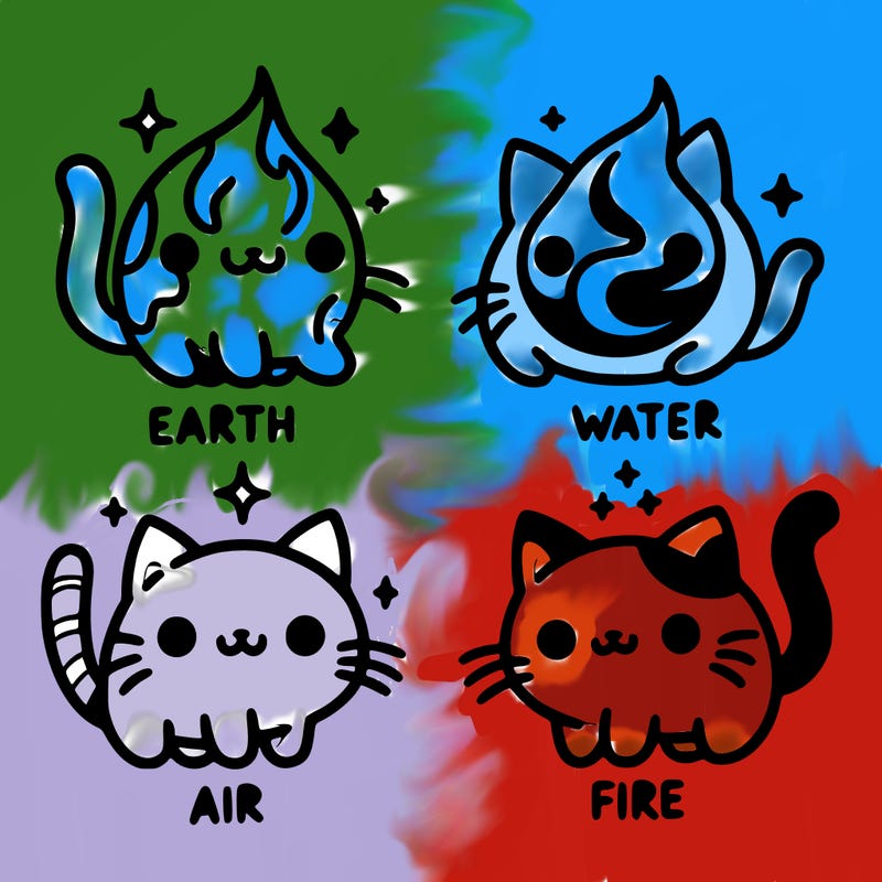 4 cats that represent the different elements, earth, water, air, and fire