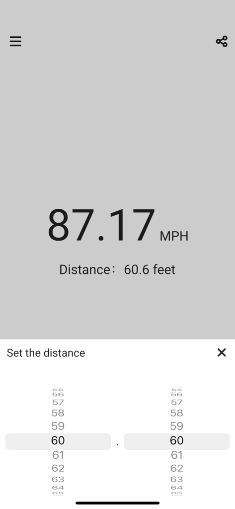 Simple Speed Gun - Interface of the Simple Speed Gun app displaying a speed of 87.17 MPH and a distance setting of 60.6 feet