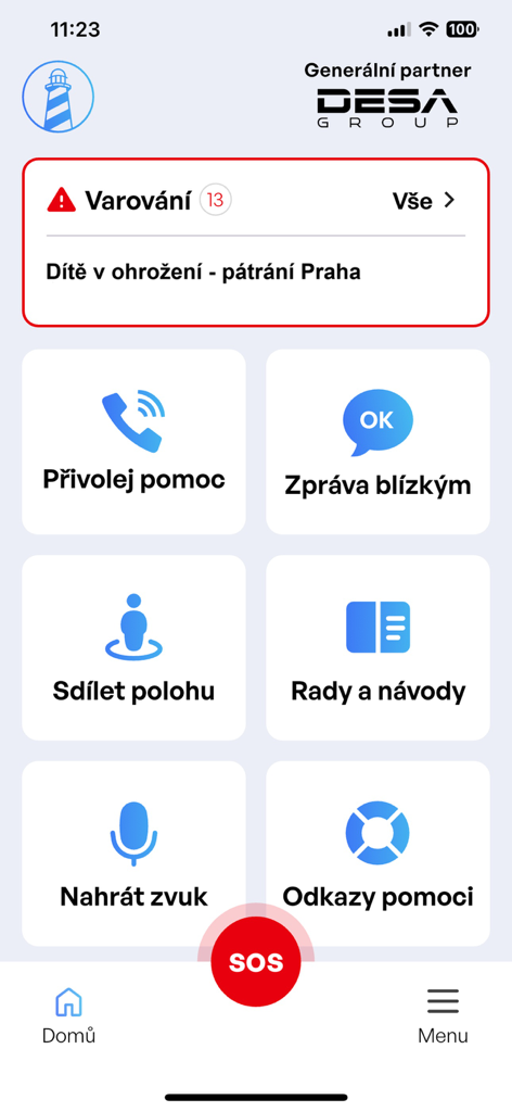 Maják - Interfaz principal de la aplicación de seguridad Majak con un botón SOS rojo e iconos para llamar a emergencias, compartir ubicación y guías de seguridad.