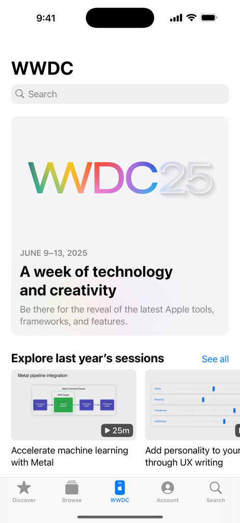 Interface de l'application Apple Developer montrant l'onglet WWDC avec des informations sur la conférence de 2025 et les sessions vidéo passées.