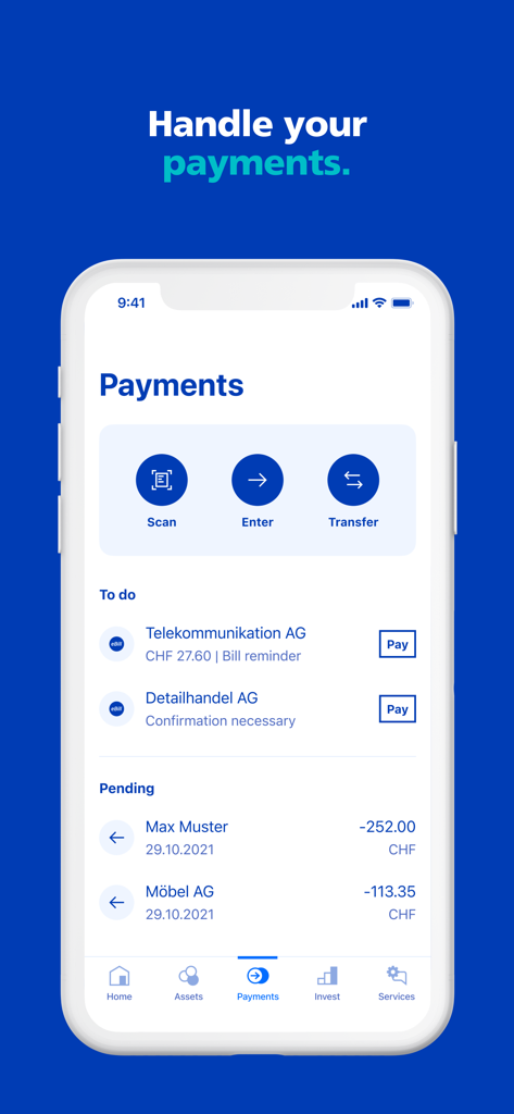 ZKB Mobile Banking App Zahlungsbildschirm mit Optionen zum Scannen, Eingeben und Überweisen sowie ausstehenden Rechnungen