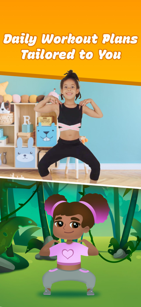 Kids Workout & Fitness - A young girl performing a squat exercise alongside her customized animated avatar.
