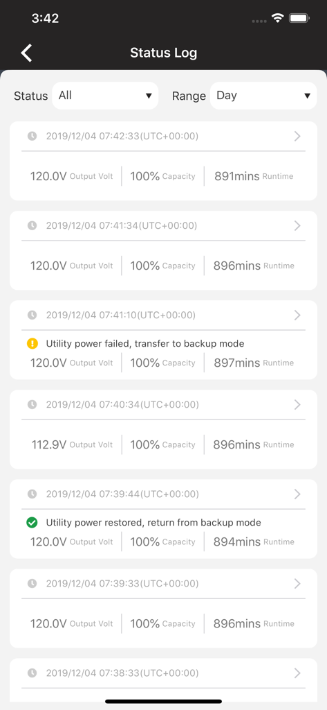 PowerPanel Cloud - Mobile app screen showing a detailed status log of UPS power events including voltage and runtime
