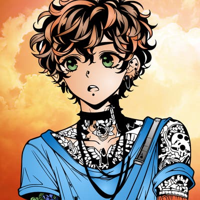 teen anime boy with curly hair  goth shirt lots of tattos and piercings