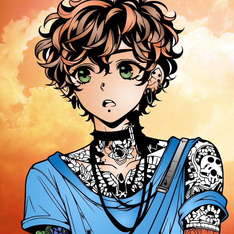 teen anime boy with curly hair  goth shirt lots of tattos and piercings