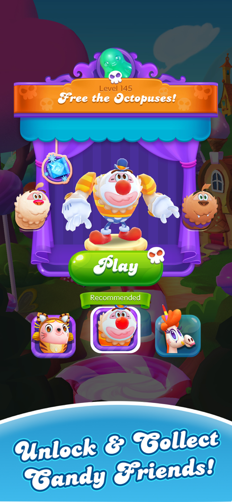 Pantalla del juego Candy Crush Friends Saga mostrando al personaje Yeti con un disfraz y la opción de desbloquear y coleccionar amigos