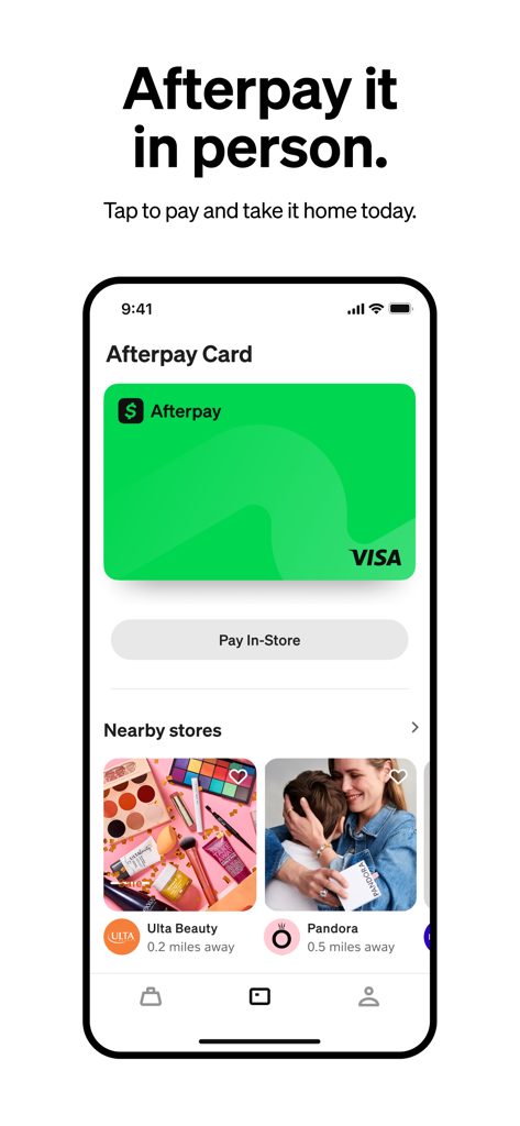 Afterpay app screen showing a virtual card and nearby stores for in-person shopping