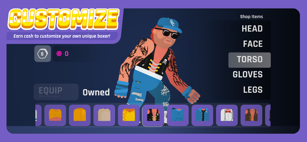 Super Boxing Championship! - Character customization screen in Super Boxing Championship featuring a tattooed boxer and various outfit options
