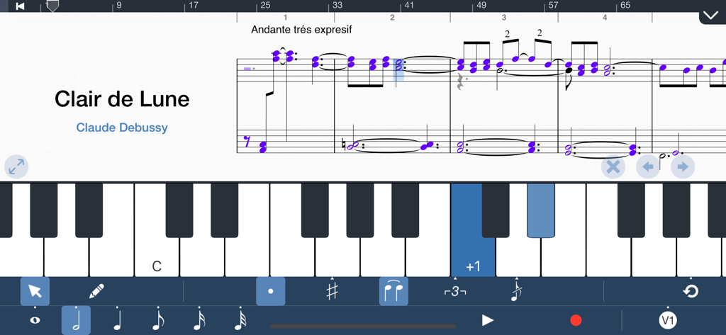 Symphony Pro - Music Notation - Symphony Pro app interface showing a music score for Clair de Lune with a virtual piano keyboard and notation tools
