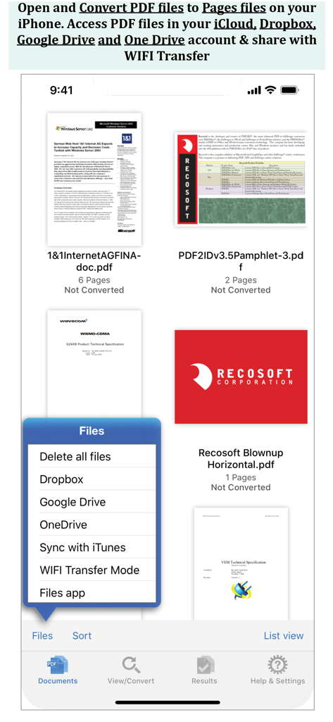 iPhoneアプリ画面にPDFファイルリストと、Dropbox、Google Drive、OneDriveのオプションメニューが表示されています。