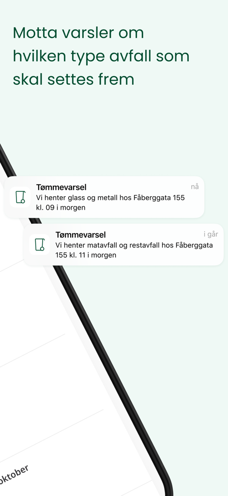 MinRenovasjon - Smartphone display showing push notifications from the MinRenovasjon app for upcoming waste collection schedules.