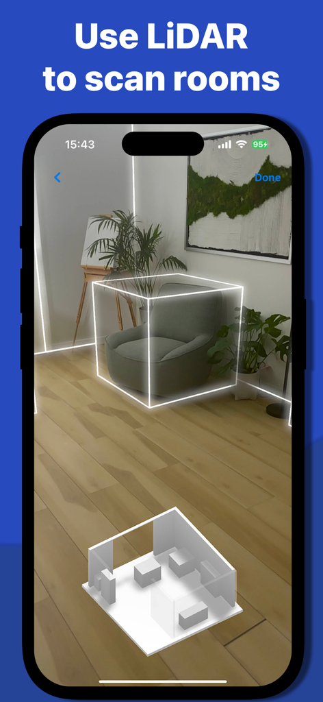 Room Scanner: Floor Plan Maker - LiDARテクノロジーで部屋をスキャンしているiPhoneインターフェースと3Dモデルのプレビュー