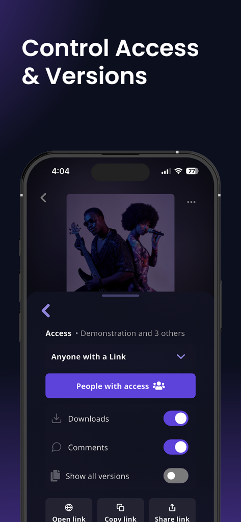 Sound Credit app interface showing settings for user access permissions and project version history management.
