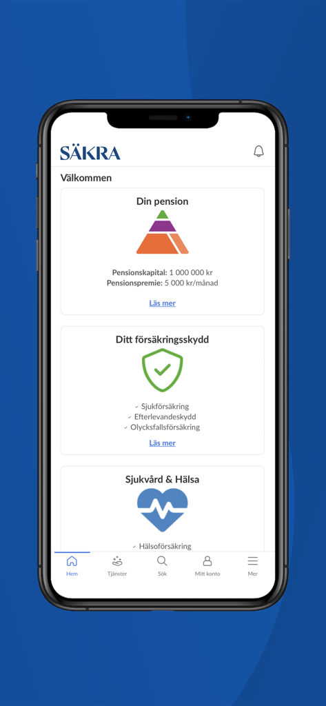Säkra Total - Sakra Total app dashboard with pension and insurance summary