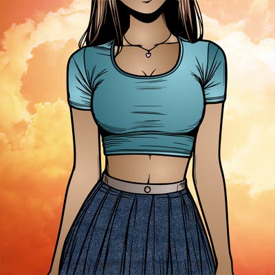 realistic girl wearing crop top and skirt