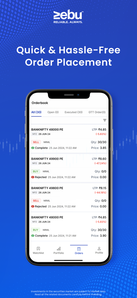 MYNT by Zebu - Invest & Trade - Interfaz de la aplicación móvil MYNT by Zebu que muestra un libro de órdenes detallado con varios estados de operaciones del mercado de valores indio