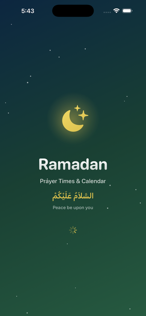 Ramadan 2026 Calendar - Pantalla de carga de la aplicación Ramadán 2026 con una luna creciente brillante y un saludo islámico de paz