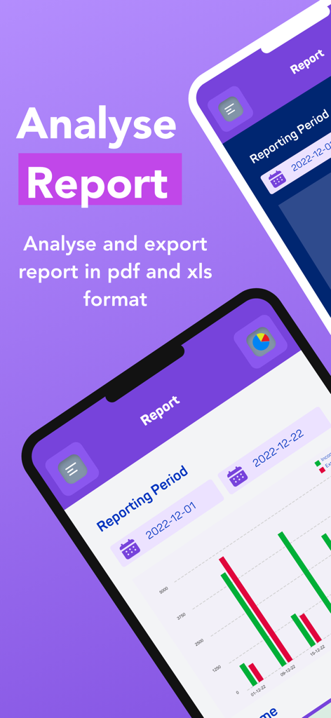 Expense Tracker:Budget Planner - Financial report screen showing income and expense bar charts with export options