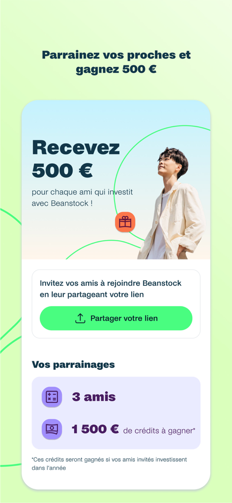 Beanstock app referral screen showing a 500 euro reward for each friend who invests in real estate