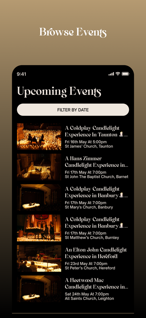 Lumos App-Oberfläche, die eine Liste kommender Kerzenlichtkonzert-Events für Künstler wie Coldplay und Elton John an verschiedenen Kirchen-Veranstaltungsorten anzeigt.