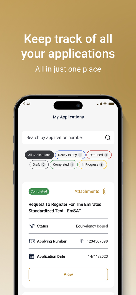 Uma interface móvel mostrando a seção 'Meus Pedidos' do aplicativo MOE UAE com uma atualização de status para uma solicitação de equivalência de certificado.