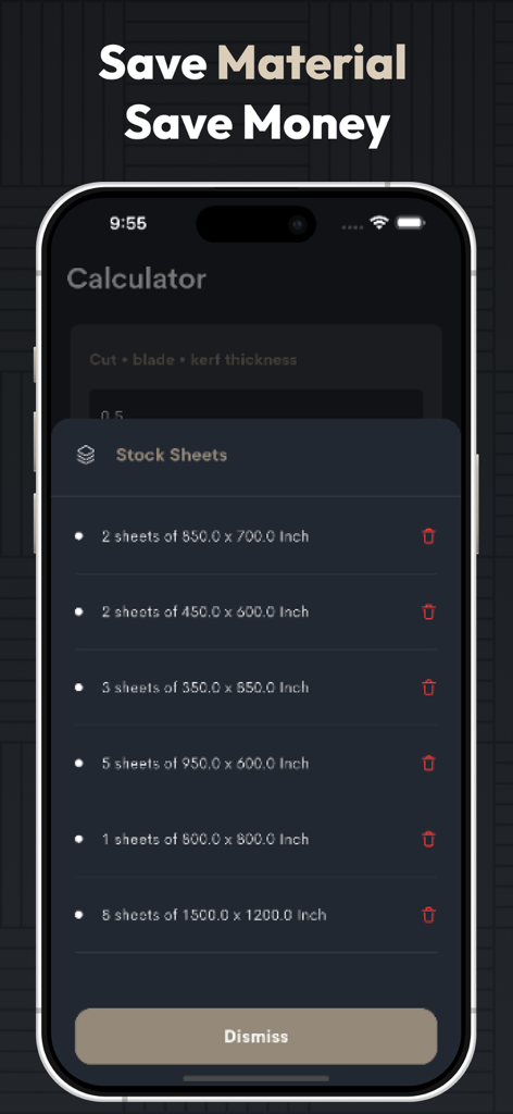 Mobile app interface showing a list of stock sheet dimensions for material cutting optimization