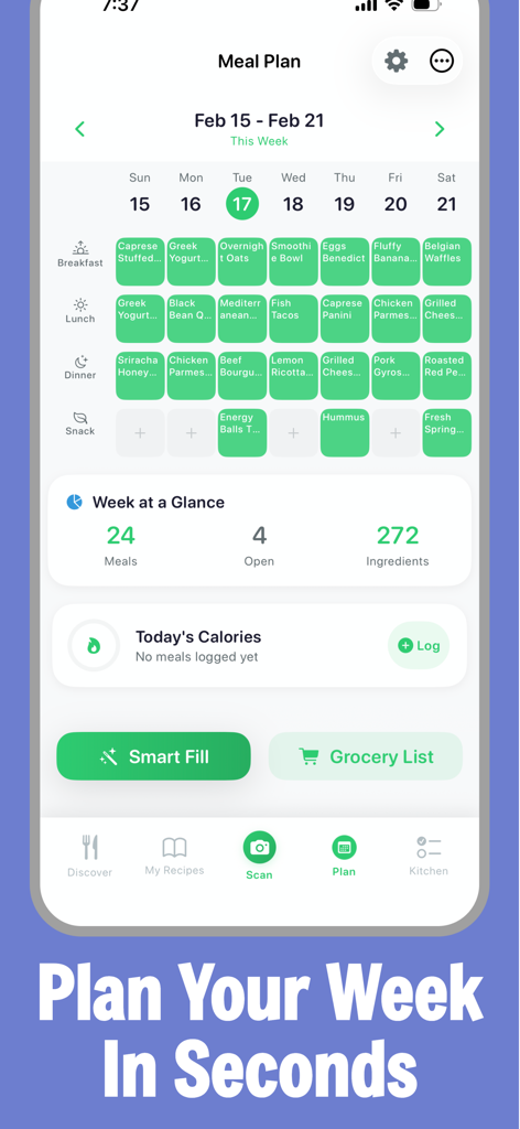 Weekly meal plan dashboard showing breakfast lunch and dinner recipes with calorie tracking