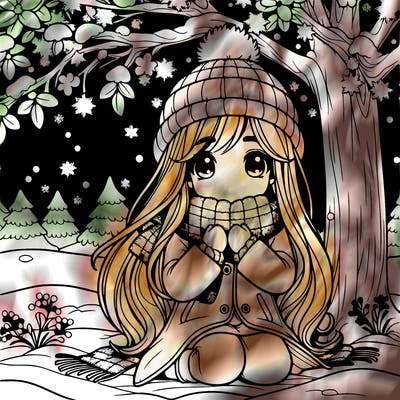 realistic girl under a tree under the snowy starry sky